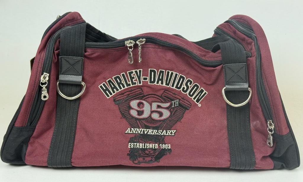Harley Davidson 95th Anniversary Nylon Duffel Bag Unused with original shipping bag. Approximately: Unused with original shipping bag. Approximately 12 x 10 x 20 inches.