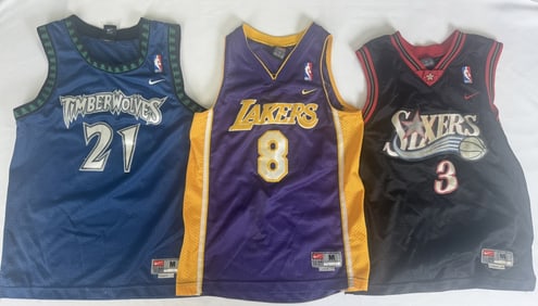 Team Nike Youth NBA Jersey Lot Kobe Iverson Garnet 3 size Medium. All have signs of wear. See photos