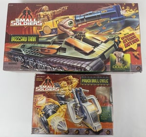 Vintage Small Soldiers Toy Lot Power Drill Cycle and Buzzsaw Tank. Boxes have been previously opened