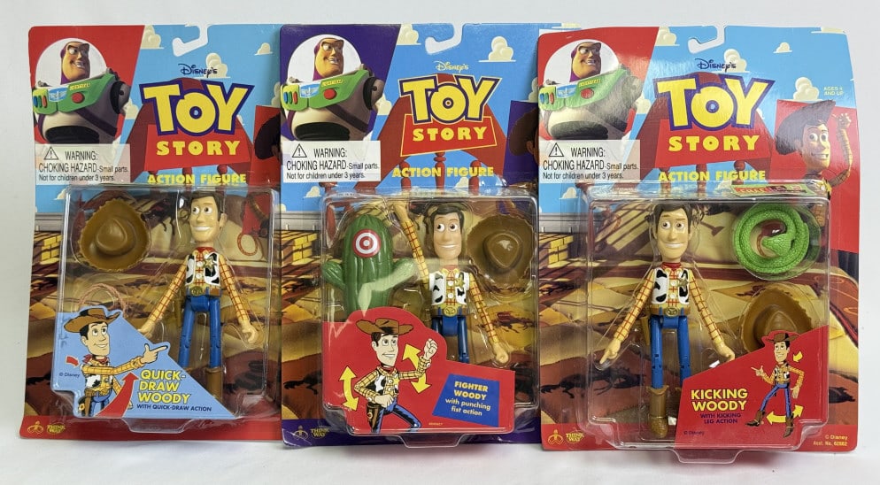 Vintage Toy Story Woody Action Figure Lot 3 figures on card. 2 cards have some warping. See photos (1 of 9)