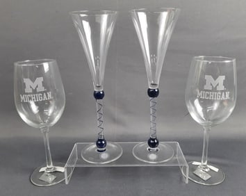 Martini & Rossi Asti Millennium Champagne Glasses & Michigan Wolverine Wine Glasses