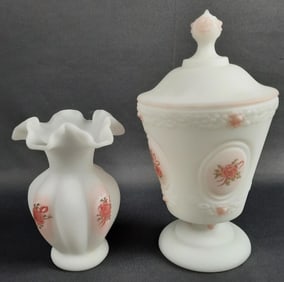 Fenton Signed Lidded Candy Dish & Vase Vase is hand painted. Lidded dish measures 4 x 8 inches tall.