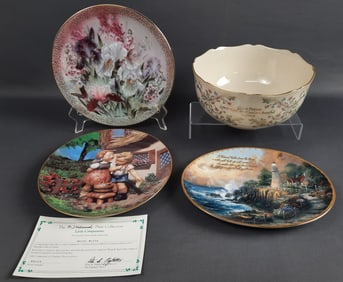 Vintage Lenox Bowl & 3 Collector Plates Bowl reads "Live is Blind". Trio of Collector Plates