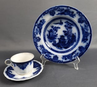 3 Flow Blue Dishes Chusan Bowl Cup & Saucer Bowl measures 9 inches. Crazing, dirty and chips