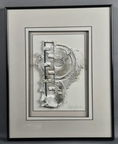 Signed Framed Paper Art Fusion by Kathy Sheldon Silver colored molded paper on board. Measures 16 x
