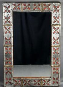 Vintage Large Hanging Enameled Mirror Measures 36"x 23". Please see images for details regarding the