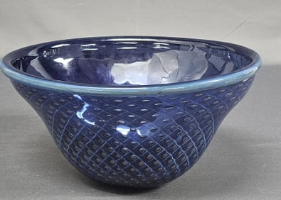 Eickholt Studio Art Diamond Quilt Glass Bowl Bowl measures 10.5 x 8.5 x 5.5 inches tall.