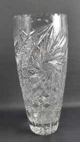 Vintage ABP Deep Cut Crystal Vase Saw Tooth Rim Vase measures 14" tall.