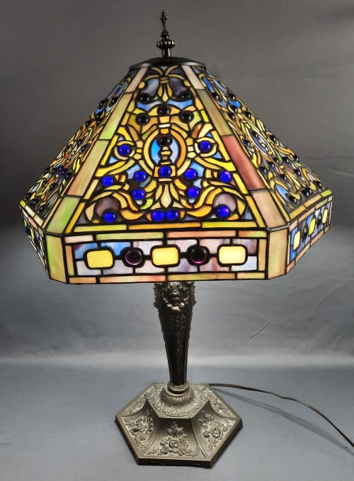 1971 Tiffany Style Stained Glass Table Lamp Works. Lamp measures 24" tall. Lamp is dented and bent (1 of 18)