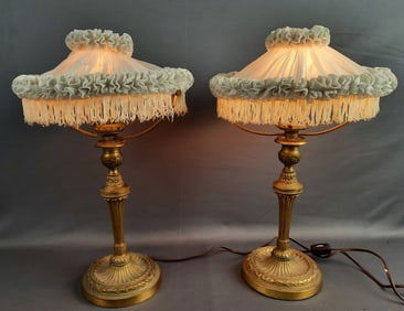 Pair of Vintage Brass Table Lamps Lamps measure 15" tall. Both work. Fabric on shade needs to be
