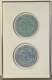 Mayan Aztec Calendar Reproductions Framed green and blue carved reproductions of the Mayan calendar.