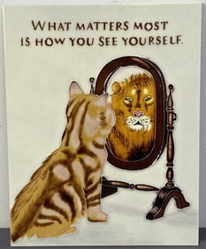 Cat & Lion Tile Wall Art Tile with an image of a cat looking into a mirror and a lion is reflected