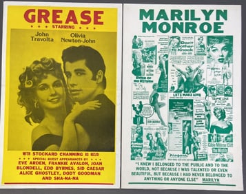 Grease & Marilyn Monroe Movie Posters Two posters on board, laminated. One is for the movie Grease,
