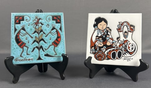 Cleo Teissedre Ceramic Wall Tiles Art Set of 2 Set of 2 ceramic wall tile trivets by Cleo Teissedre.