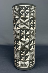 Native American Acoma Cylinder Vase & Letter Acoma pottery cylinder vase with handwritten letter