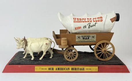 Vintage Jim Beam Harolds Club Stagecoach Reno or Bust Stagecoach & Ox Decanter. One horn tip broken