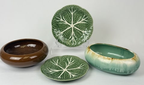 Vintage Pottery Mixed Lot Roseville Frankoma Bordalo Pinheiro. Brown Frankoma bowl 8 x 3 inches. No