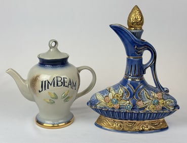 Vintage Jim Beam Decanters One teapot 8 inches. and one blue elaborate decanter 12 inches. No