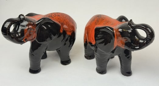 2 Vintage Canuck Pottery Drip Glaze Elephants Black ceramic elephants with orange drip glaze. No