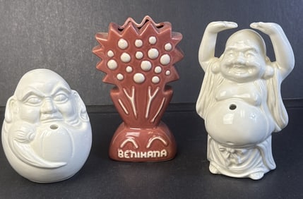 Benihana & Japanese Steakhouse Cocktail Holders Two buddhas and one palm tree. Steakhouse was in