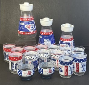 Vintage Libbey Apollo Glasses and Carafes Lot Four Apollo 11 glasses, five Apollo 12, Five Apollo 13