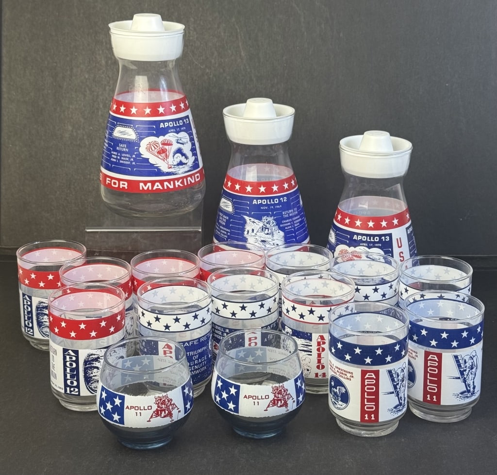 Vintage Libbey Apollo Glasses and Carafes Lot Four Apollo 11 glasses, five Apollo 12, Five Apollo 13 (1 of 5)