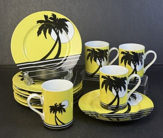 Vintage Fitz and Floyd Palm Beach Pattern Lot Eight 7.5 inch plates and four mugs 4 x 2.5 inches.