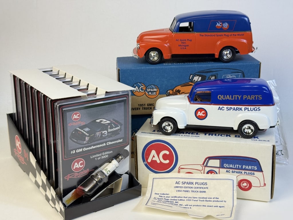 AC Spark Plug Collector Lot Banks Race Cards Two 1951 delivery truck banks and one 1950 panel truck. (1 of 4)