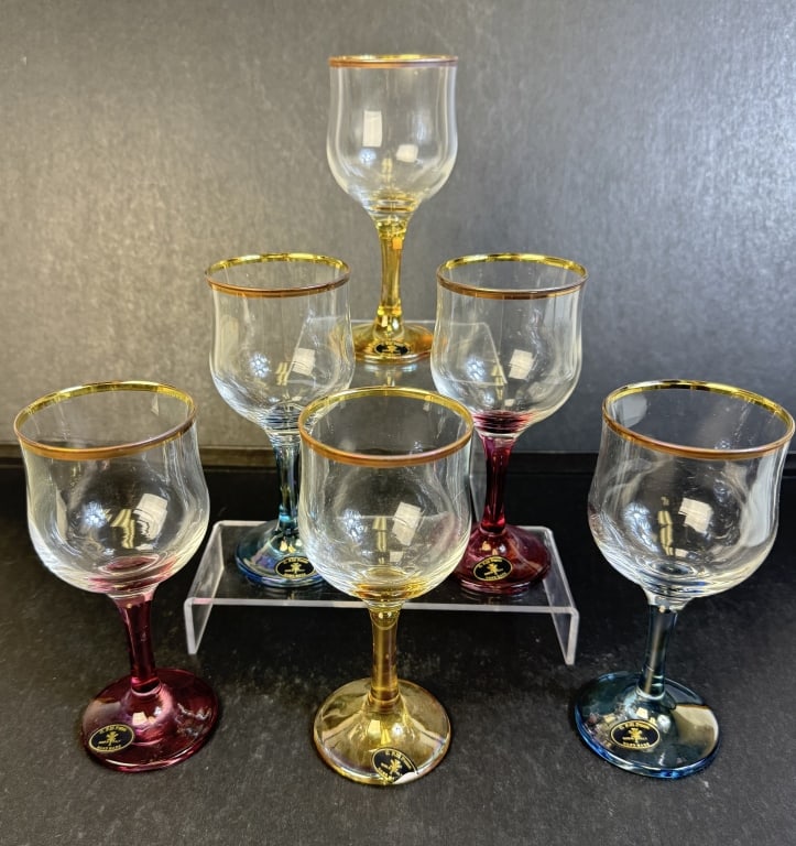 L’arte Del Decor Artigianale Crystal Goblet Set 6 goblets-pink, blue and yellow. 6.5 inches tall.: 6 goblets-pink, blue and yellow. 6.5 inches tall. With original box, measures approximately 15 x 10 x 3 inches.