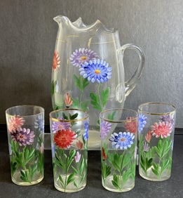 Vintage Floral Painted Pitcher & Glass Set Four glasses 5 x 2.5 inches. Pitcher 10 x 5 inches. Some