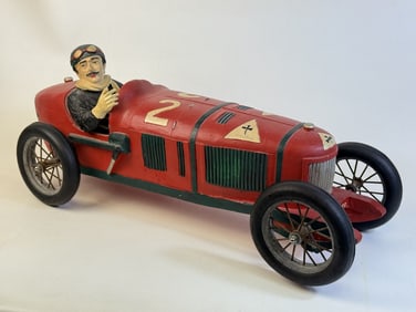 Vintage Alfa Romeo Wooden Race Car Rubber tires dry and light cracking. 30 inches long by 11 inches