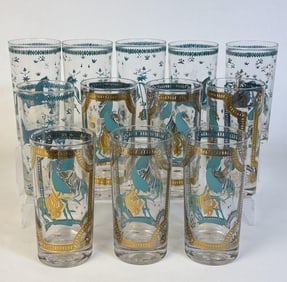Vintage Cera Arabian Nights Aqua Gold Glass Lot 12 glasses measuring 5.5 x 2.5 inches each. Some