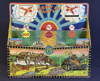 Vintage Louis Marx Tin Wind Up Shooting Gallery With Key. Key doesn’t turn. Untested. 16.5 x 15 x