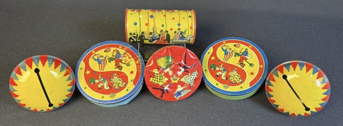 Vintage Tin Toy Litho Noisemaker Lot All working. Some tarnish and scuffs over all. Dent in hammer.