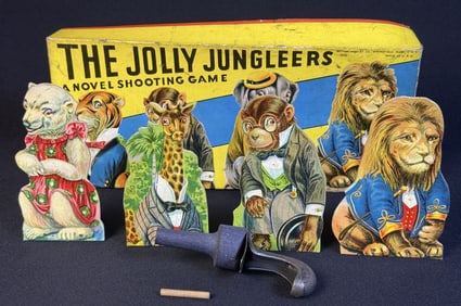 The Jolly Jungleers Shooting Game 1930s Milton Bradley Co. includes original box measuring 13 x 6 x