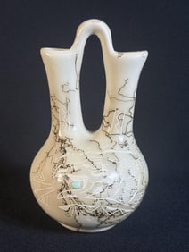 Navajo Horse Hair Pottery Wedding Vase 7 inches tall by 5 inches wide. Signed "Geri Vail Navajo" no