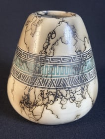 Navajo Horse Hair pottery Etched Pot 5.5 inches tall by 5 inches wide. Some scuffs and scratches no