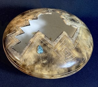 Gerald Pinto Navajo Pottery Bowl With Turquoise and Copper accents. With certificate of