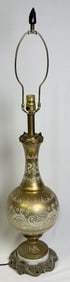 Vintage Brass and Glass Table Lamp 38 inches tall. No shade. Works.crack in black top "jewel" piece.