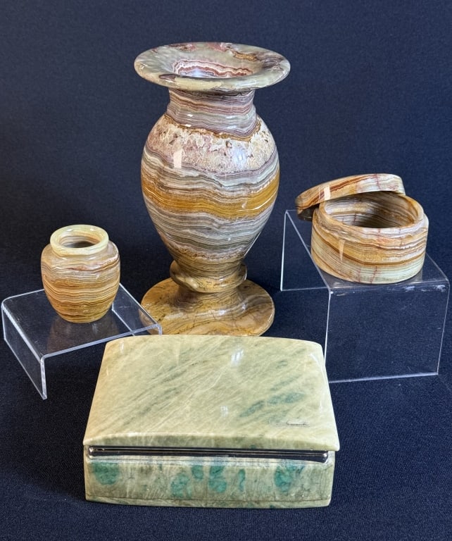 Carved Alabaster Onyx Marble Lot Two boxes and two vases. Large vase 7.5 inches tall. Square box 5 x (1 of 9)