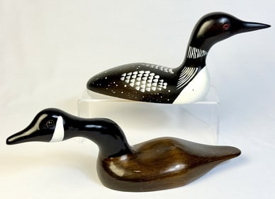 Hand Carved & Painted Wooden Loon & Goose Decorative decoys. Made in Canada. 12 inches long by 5