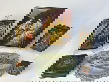 Collection of Russian Laquer Trinket Boxes 6 boxes. 6 x 5 inches, 3.5 x 3.5 inches, 5 x 3.5 inches,