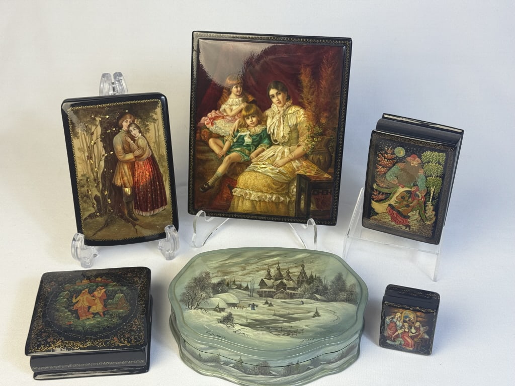 Collection of Russian Laquer Trinket Boxes 6 boxes.  6 x 5 inches, 3.5 x 3.5 inches, 5 x 3.5 inches, (1 of 13)