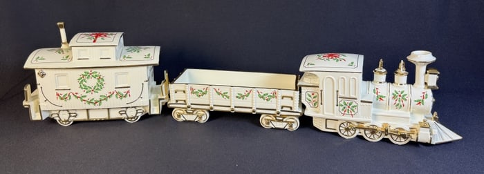 Lenox Christmas Holiday Junction 3 pc Train Engine measures 12 x 6 x 5 inches, middle car 12 x 4 x 4