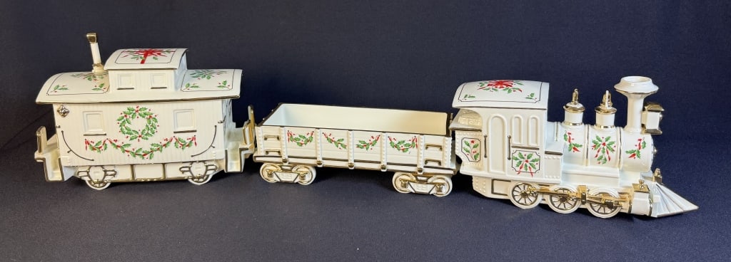 Lenox Christmas Holiday Junction 3 pc Train Engine measures 12 x 6 x 5 inches, middle car 12 x 4 x 4 (1 of 8)