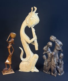 Carved Wooden Bali Figures Largest 18 x 6 inches, group measures 7 x 10, basket carrier 11 x 3