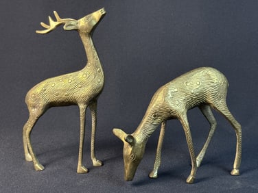 Vintage Mid Century Brass Deer Set of Two Buck measures 9 inches tall by 5 inches long. Doe 6 inches