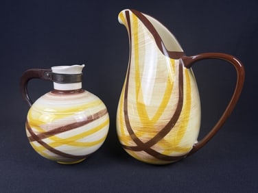 Vintage Vernon Kilns Pitchers Large one measures 11 inches tall by 7 inches wide not including