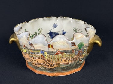 Vintage Chinese Hand Painted Pot 5.5 inches tall 12 inches long 8 inches wide. Some crazing