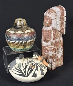 Native American Decorative Lot Jar 4.5 x 4 inches. Alabaster carved figure 9 inches tall by 3 inches